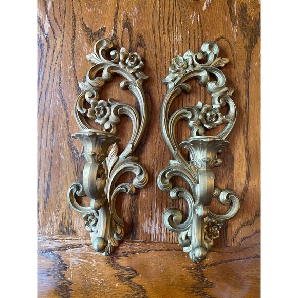 Vintage Homco Gold Wall Sconce Candleholders Pair Hollywood Regency Floral Desig - Picture 1 of 3